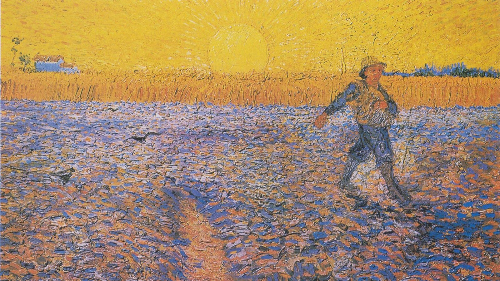 O semeador, de Vincent van Gogh (1888): um homem lança sementes num campo arado, sob um grande sol amarelo.