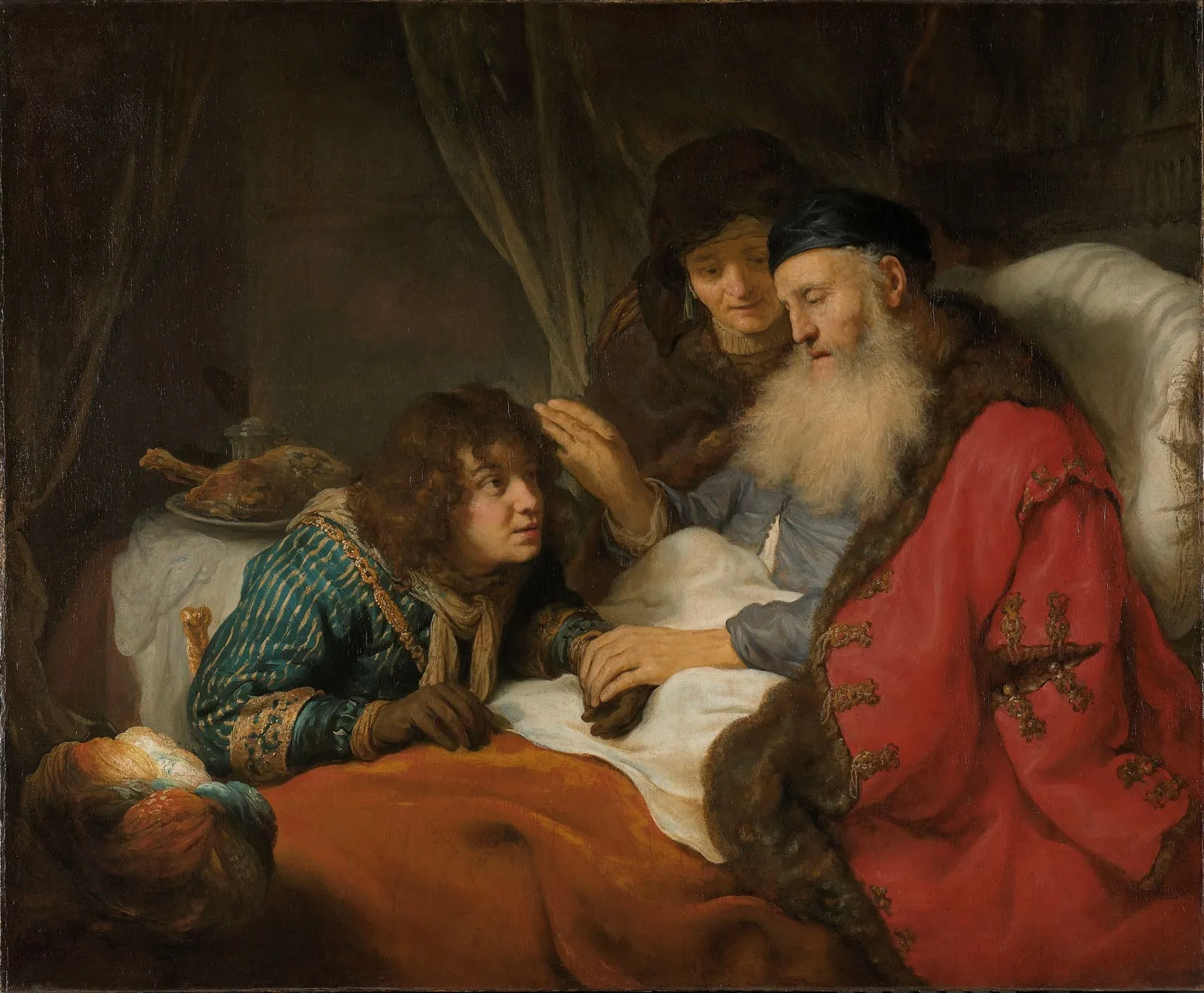 Pintura de Govert Flinck: Isaque, idoso e quase cego, sentado na cama, toca a cabeça de Jacó, que usa luvas de pele; Rebeca observa por trás.